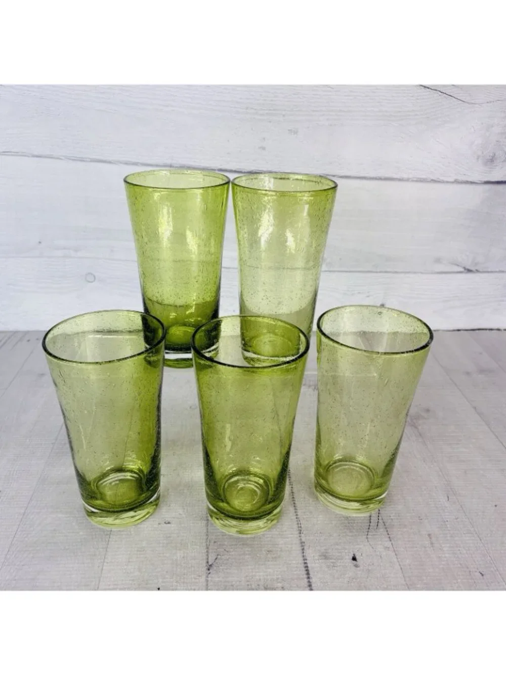 Hand-Blown Weighted Base Flared Artisan Mexico Lime Green Glass Tumbler Set of 5